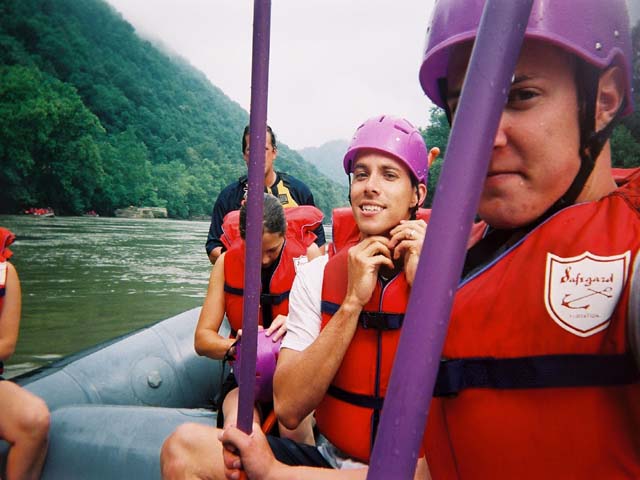 Chris strapping on the sweet purple helmet