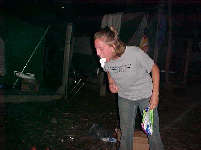 Jen trying to say fluffy bunny w/ about a dozen marshmellows in her mouth